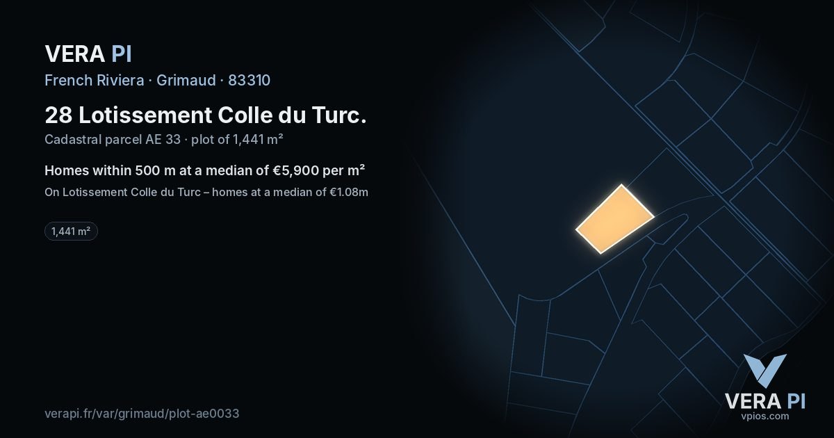 28 Lotissement Colle du Turc, Grimaud at night – the plot lit, the parcels around coloured by the prices near them