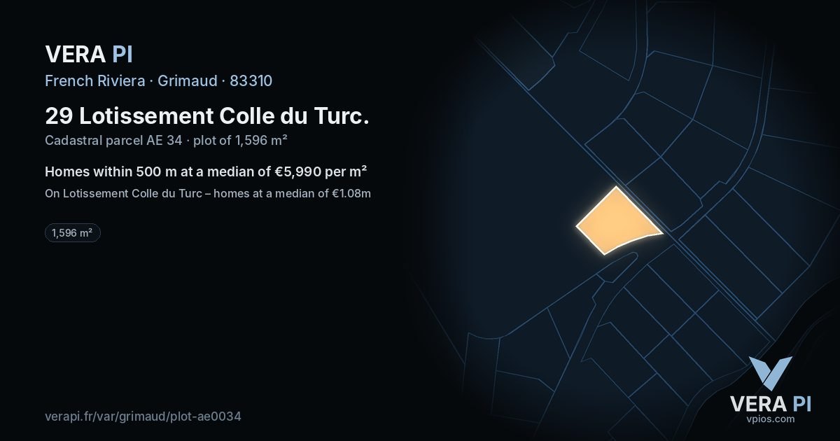 29 Lotissement Colle du Turc, Grimaud at night – the plot lit, the parcels around coloured by the prices near them