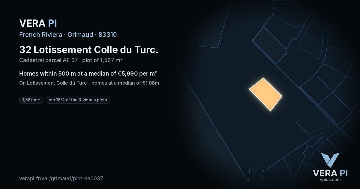 32 Lotissement Colle du Turc, Grimaud at night – the plot lit, the parcels around coloured by the prices near them