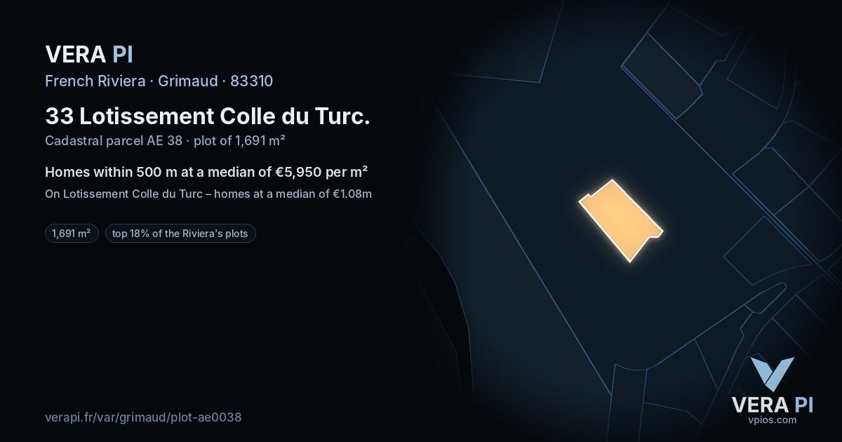 33 Lotissement Colle du Turc, Grimaud at night – the plot lit, the parcels around coloured by the prices near them