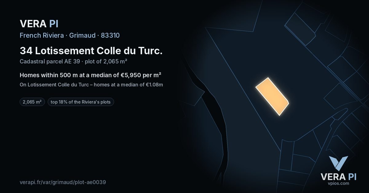34 Lotissement Colle du Turc, Grimaud at night – the plot lit, the parcels around coloured by the prices near them