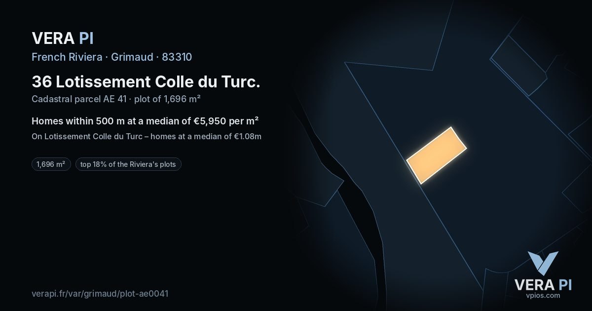 36 Lotissement Colle du Turc, Grimaud at night – the plot lit, the parcels around coloured by the prices near them