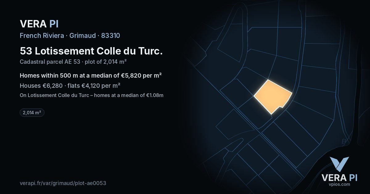 53 Lotissement Colle du Turc, Grimaud at night – the plot lit, the parcels around coloured by the prices near them
