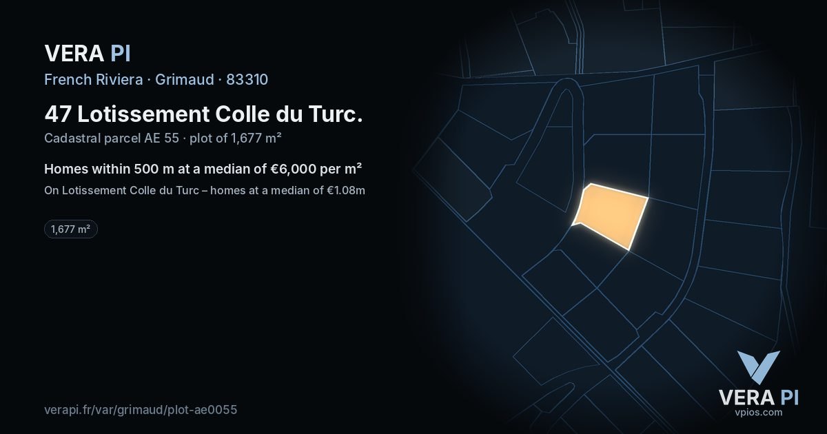 47 Lotissement Colle du Turc, Grimaud at night – the plot lit, the parcels around coloured by the prices near them