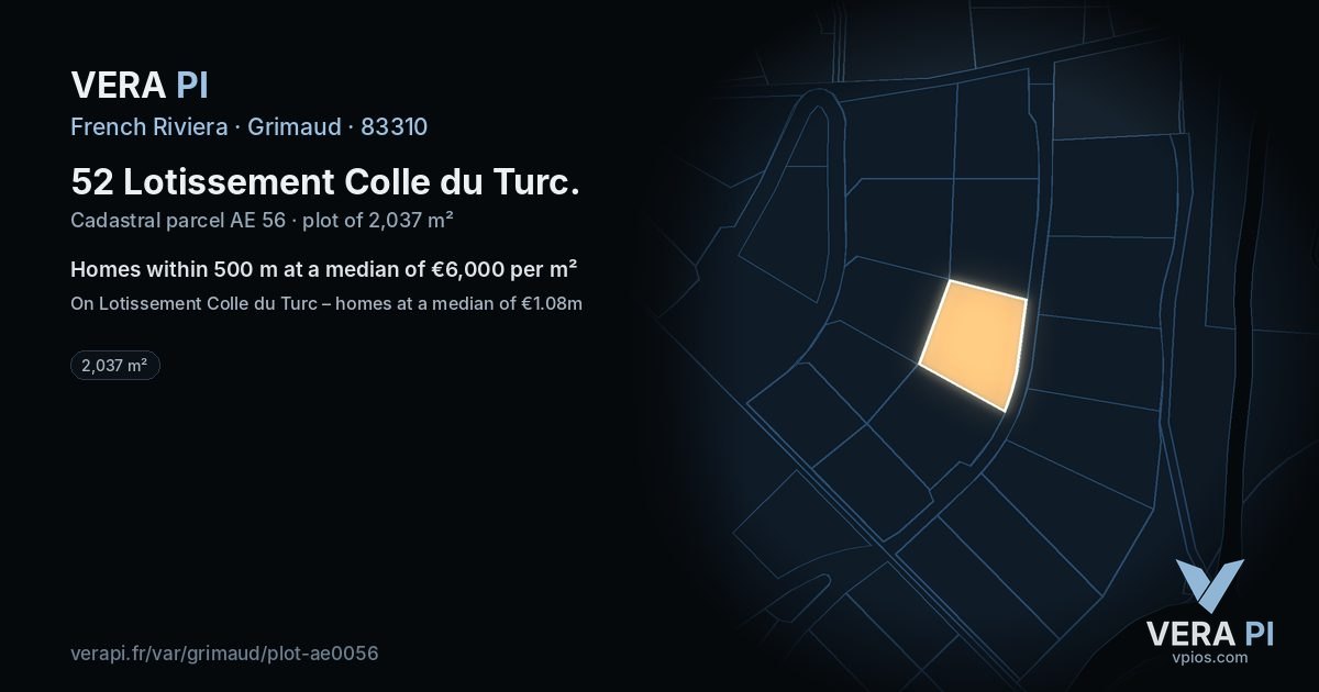 52 Lotissement Colle du Turc, Grimaud at night – the plot lit, the parcels around coloured by the prices near them