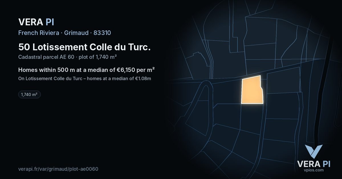 50 Lotissement Colle du Turc, Grimaud at night – the plot lit, the parcels around coloured by the prices near them