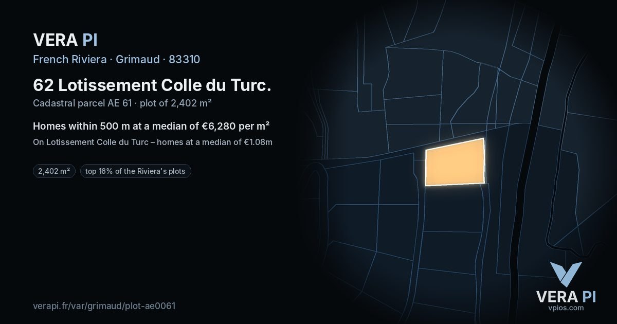 62 Lotissement Colle du Turc, Grimaud at night – the plot lit, the parcels around coloured by the prices near them