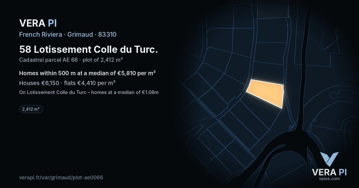 58 Lotissement Colle du Turc, Grimaud at night – the plot lit, the parcels around coloured by the prices near them