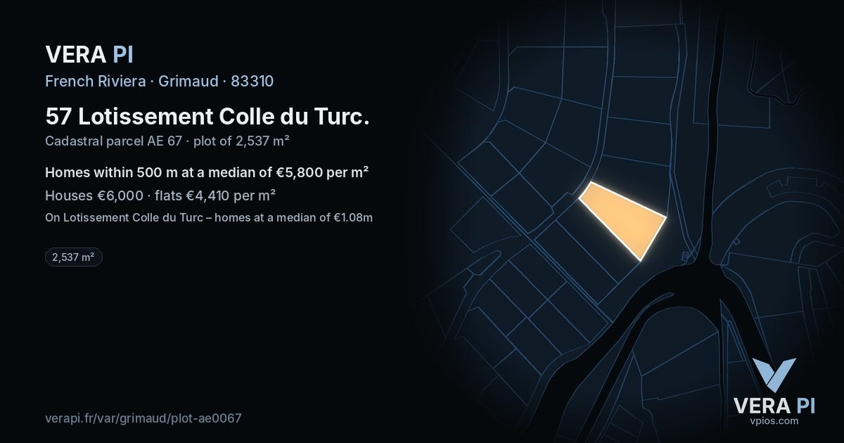 57 Lotissement Colle du Turc, Grimaud at night – the plot lit, the parcels around coloured by the prices near them