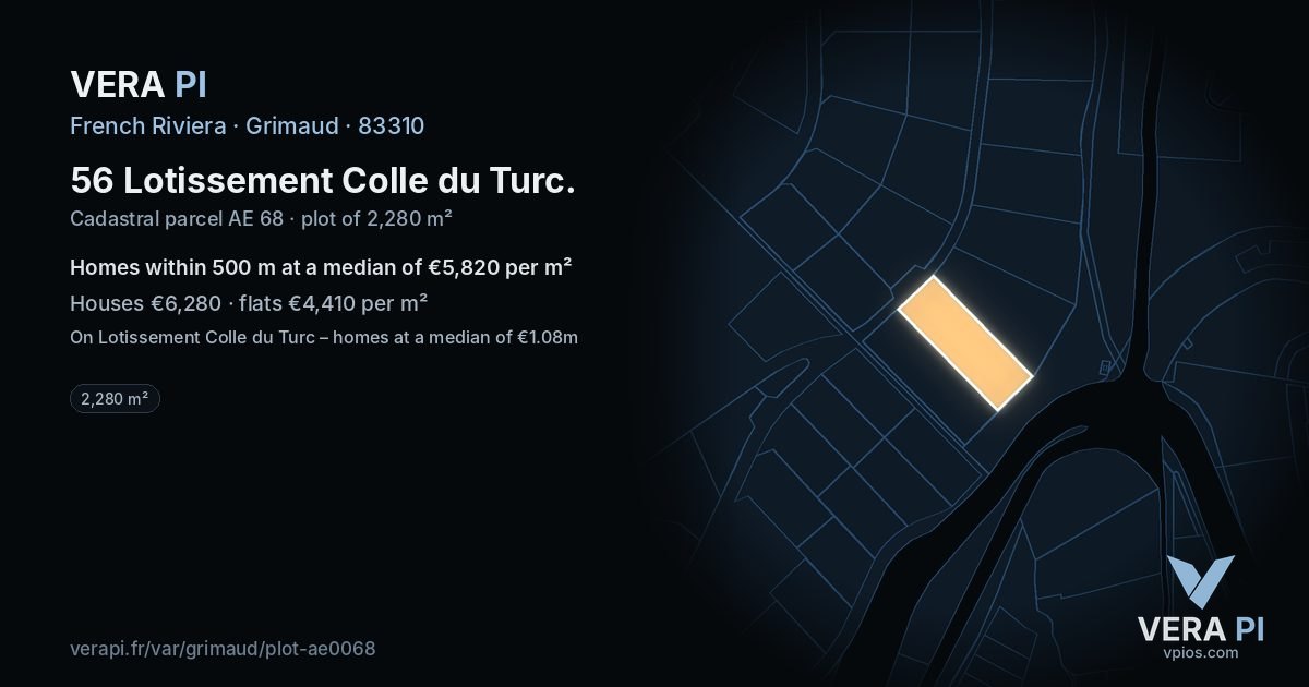 56 Lotissement Colle du Turc, Grimaud at night – the plot lit, the parcels around coloured by the prices near them