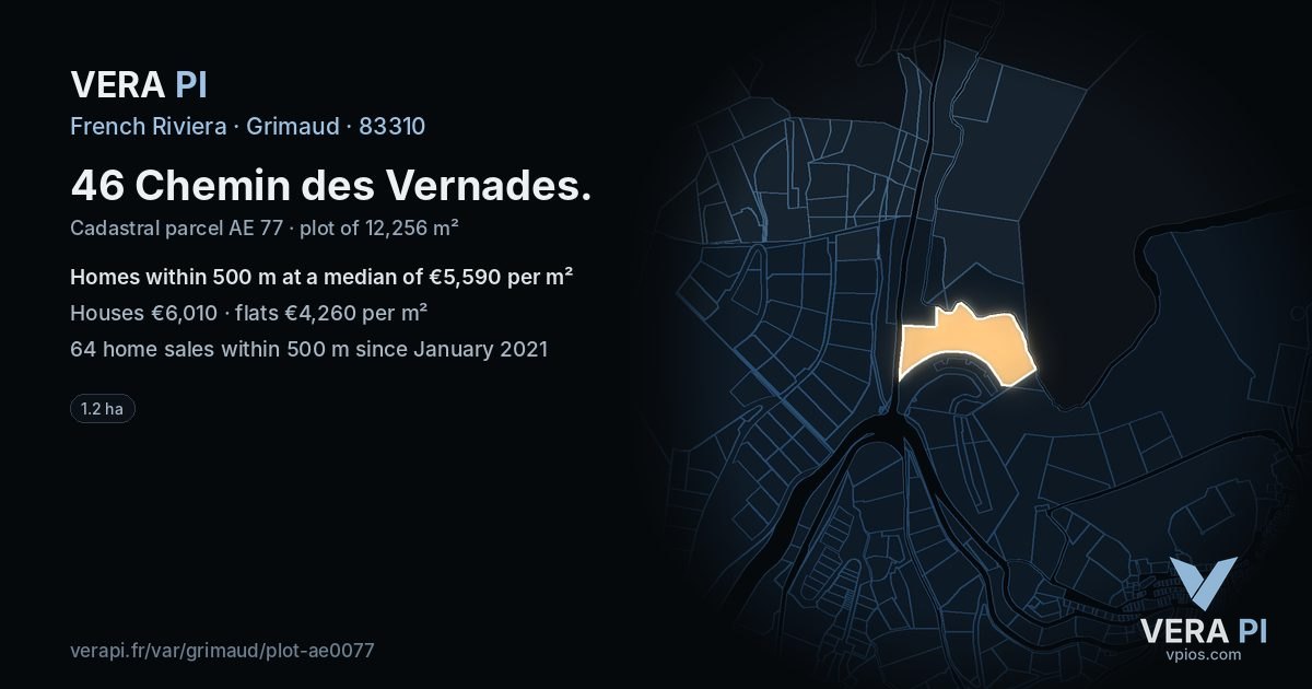 46 Chemin des Vernades, Grimaud at night – the plot lit, the parcels around coloured by the prices near them