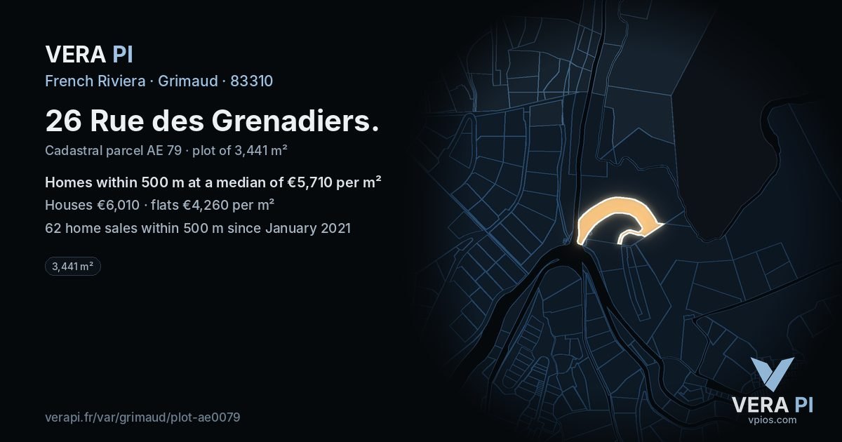 26 Rue des Grenadiers, Grimaud at night – the plot lit, the parcels around coloured by the prices near them