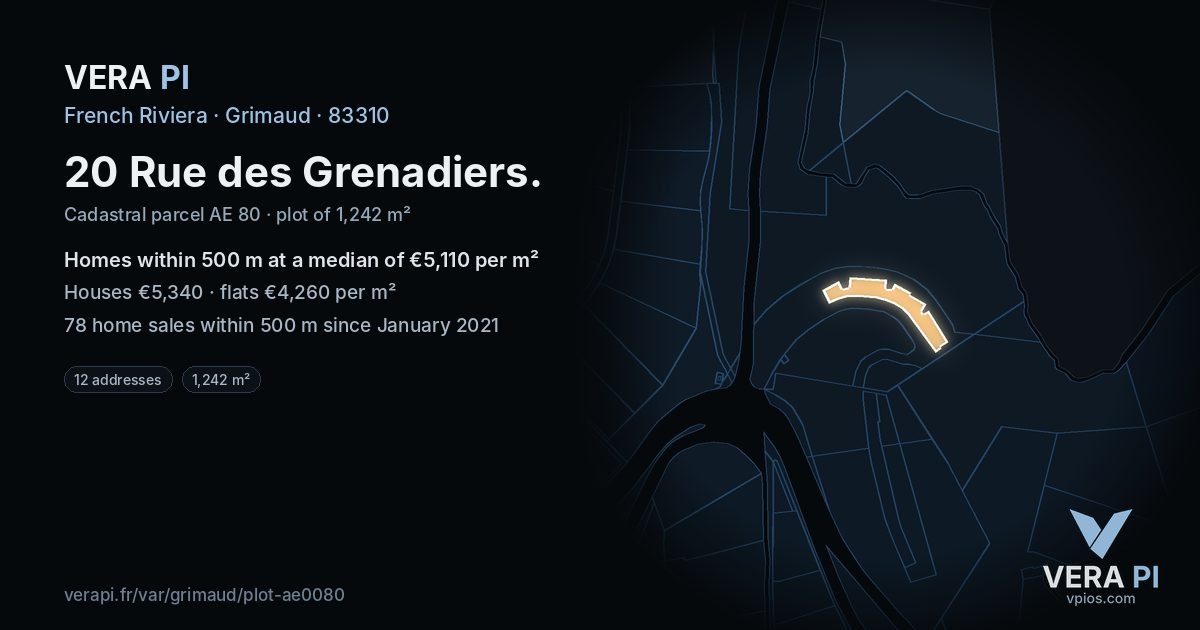 20 Rue des Grenadiers, Grimaud at night – the plot lit, the parcels around coloured by the prices near them