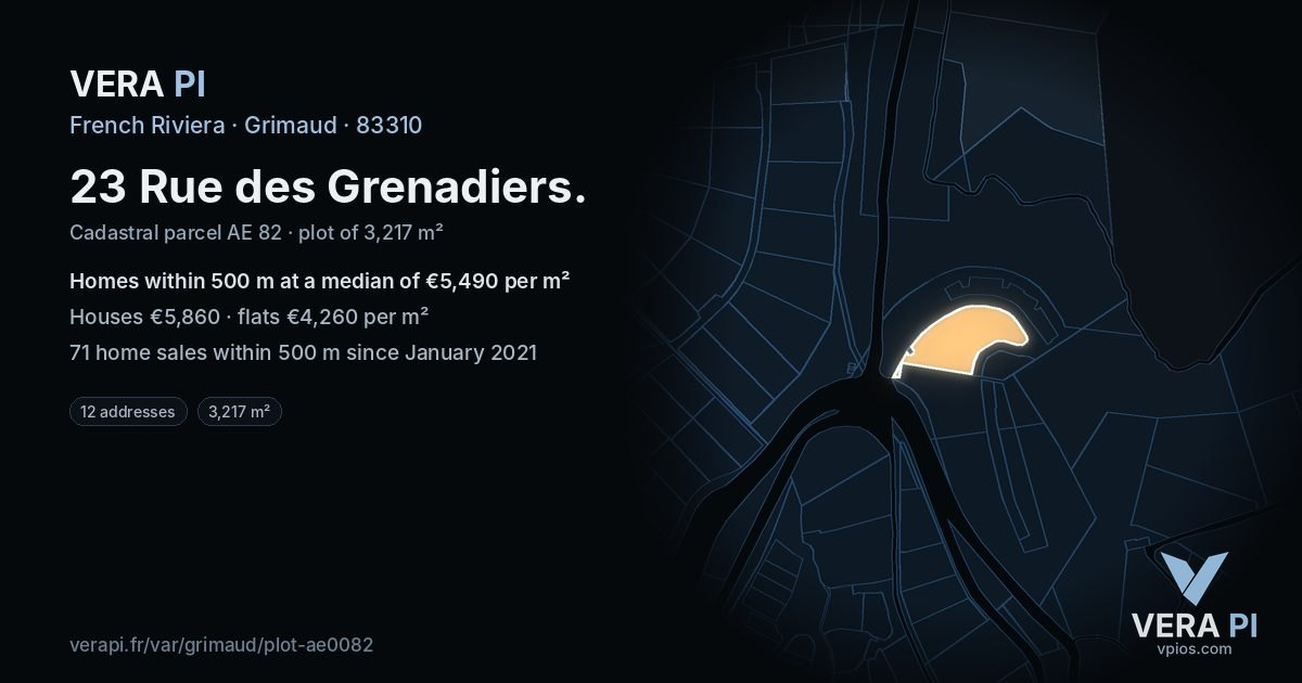 23 Rue des Grenadiers, Grimaud at night – the plot lit, the parcels around coloured by the prices near them