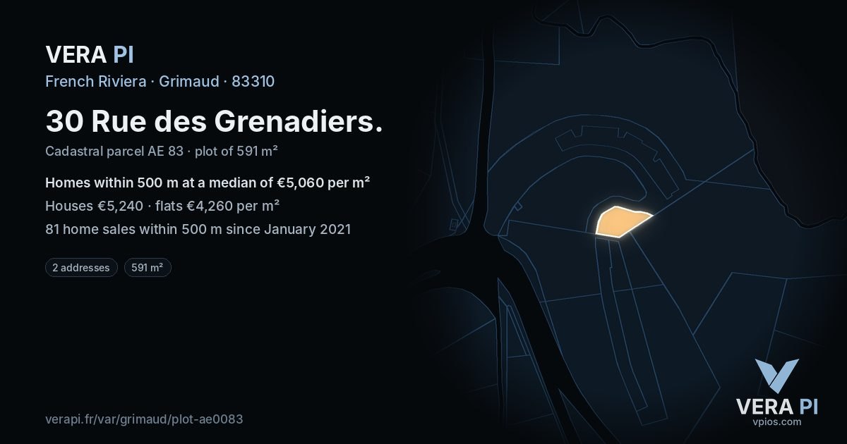 30 Rue des Grenadiers, Grimaud at night – the plot lit, the parcels around coloured by the prices near them