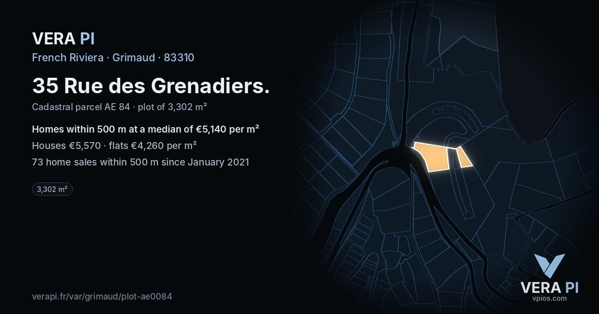 35 Rue des Grenadiers, Grimaud at night – the plot lit, the parcels around coloured by the prices near them