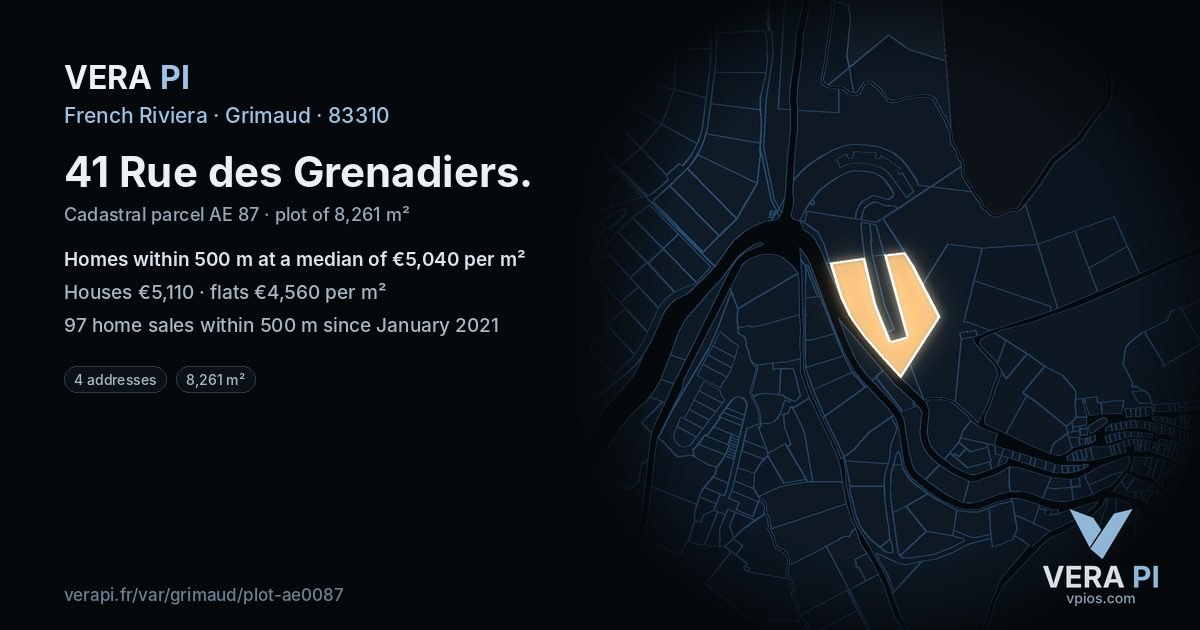 41 Rue des Grenadiers, Grimaud at night – the plot lit, the parcels around coloured by the prices near them