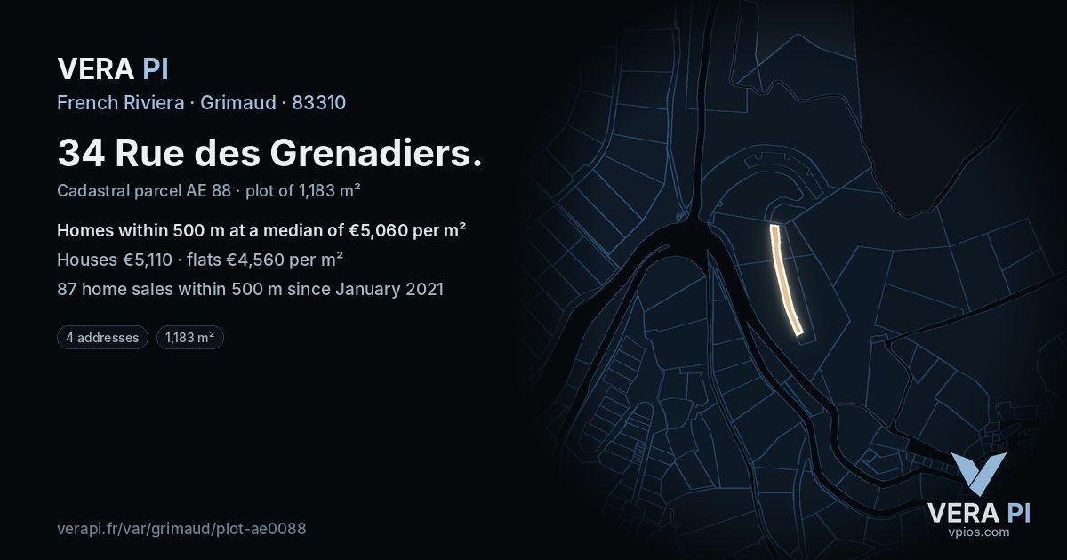 34 Rue des Grenadiers, Grimaud at night – the plot lit, the parcels around coloured by the prices near them