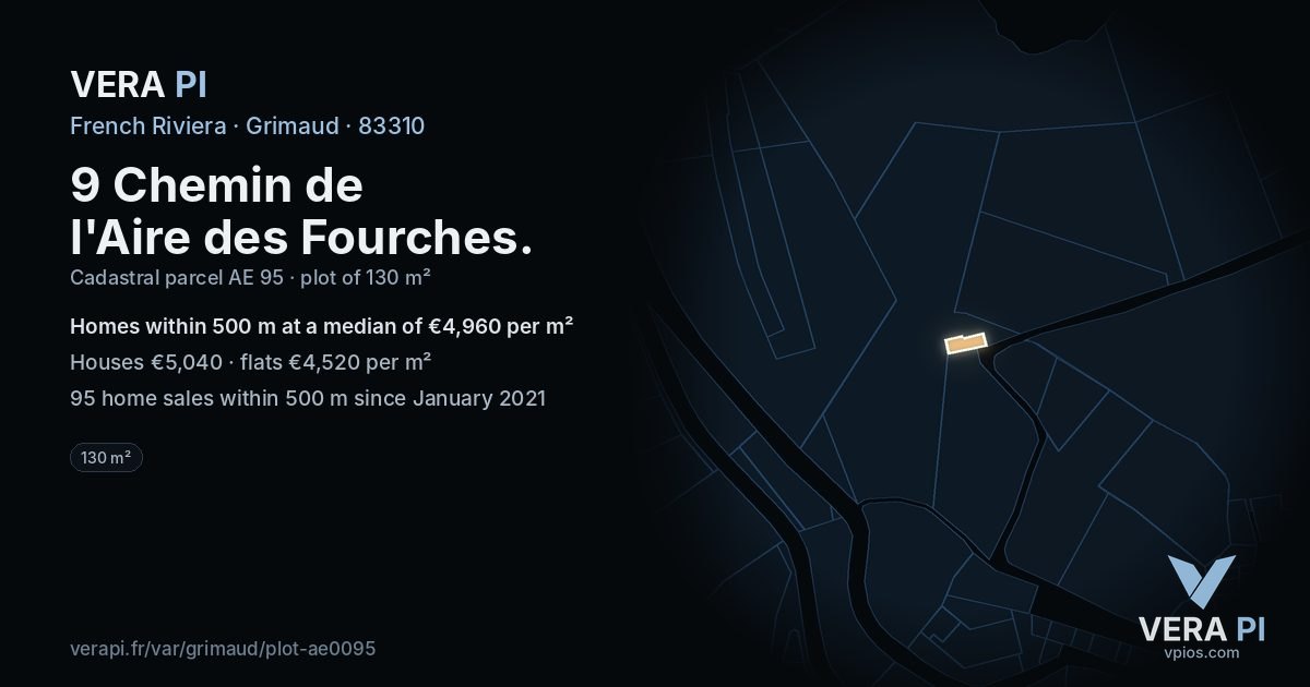 9 Chemin de l'Aire des Fourches, Grimaud at night – the plot lit, the parcels around coloured by the prices near them