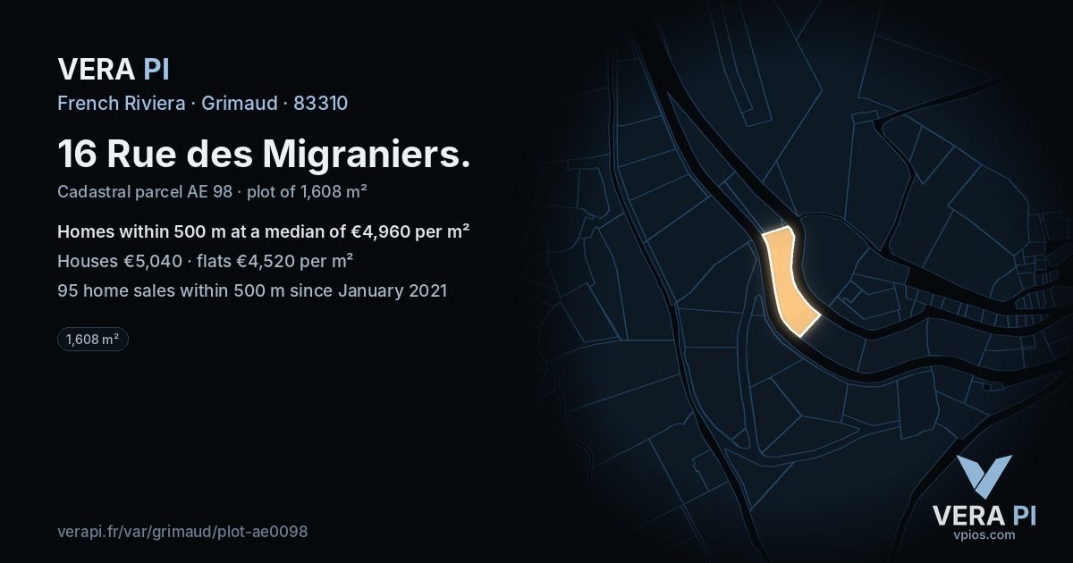 16 Rue des Migraniers, Grimaud at night – the plot lit, the parcels around coloured by the prices near them