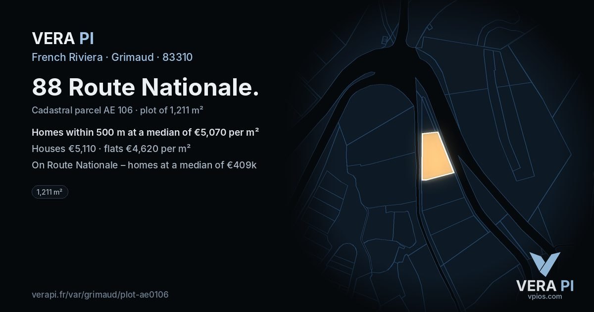 88 Route Nationale, Grimaud at night – the plot lit, the parcels around coloured by the prices near them