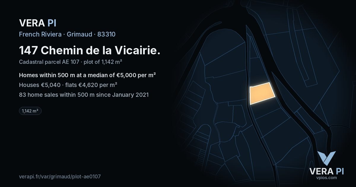 147 Chemin de la Vicairie, Grimaud at night – the plot lit, the parcels around coloured by the prices near them