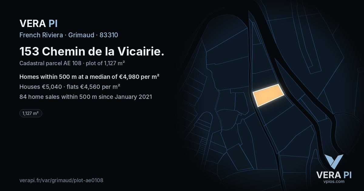 153 Chemin de la Vicairie, Grimaud at night – the plot lit, the parcels around coloured by the prices near them