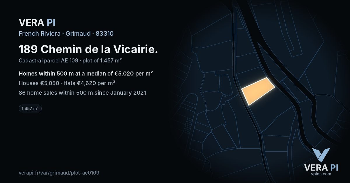 189 Chemin de la Vicairie, Grimaud at night – the plot lit, the parcels around coloured by the prices near them