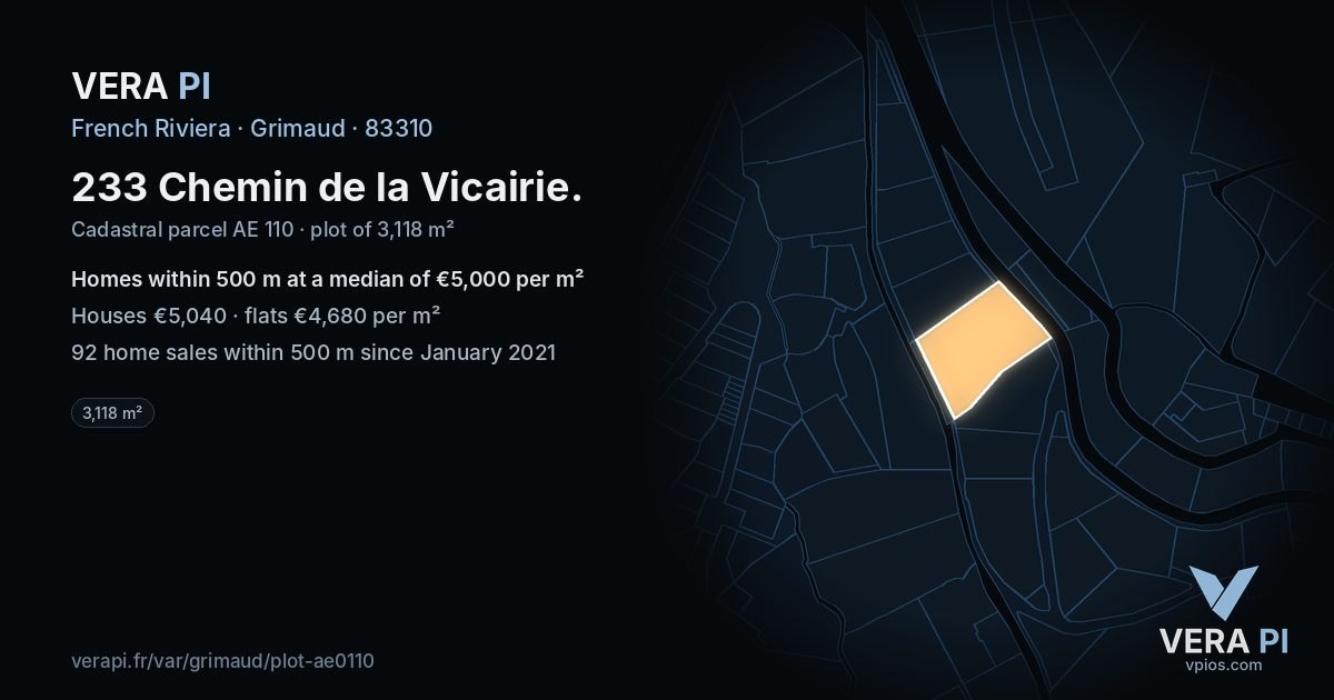 233 Chemin de la Vicairie, Grimaud at night – the plot lit, the parcels around coloured by the prices near them