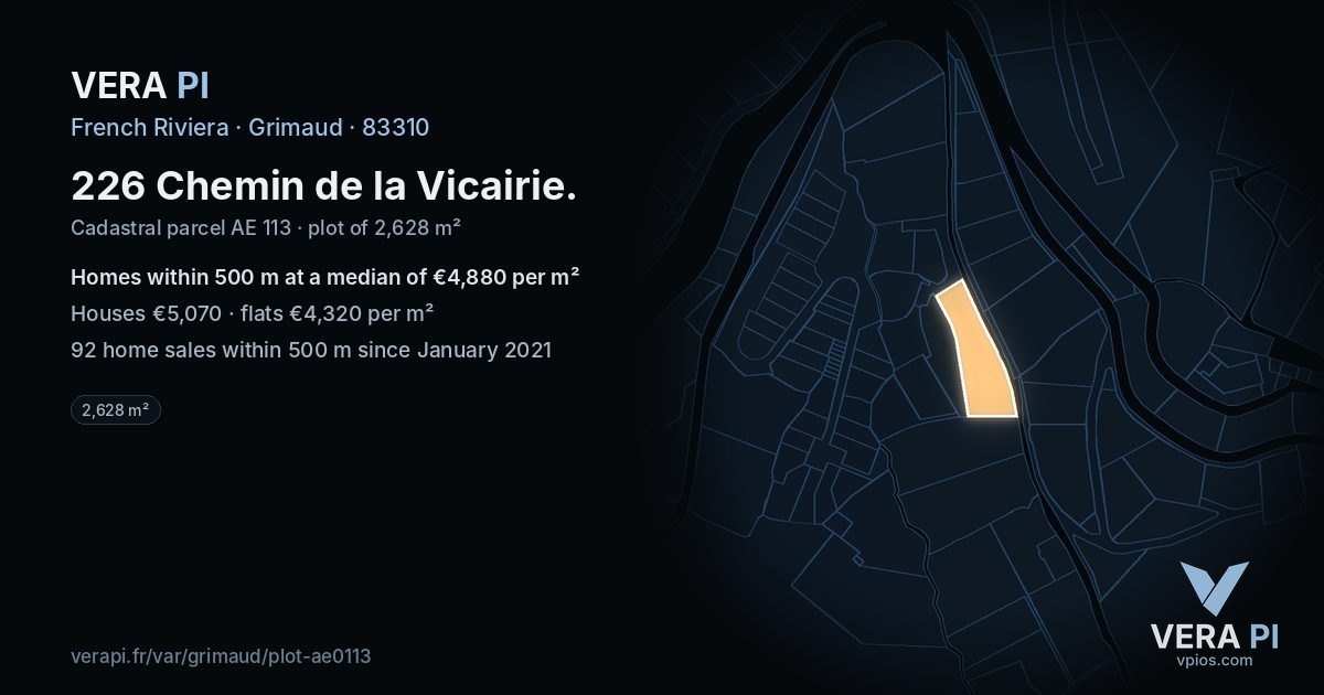 226 Chemin de la Vicairie, Grimaud at night – the plot lit, the parcels around coloured by the prices near them