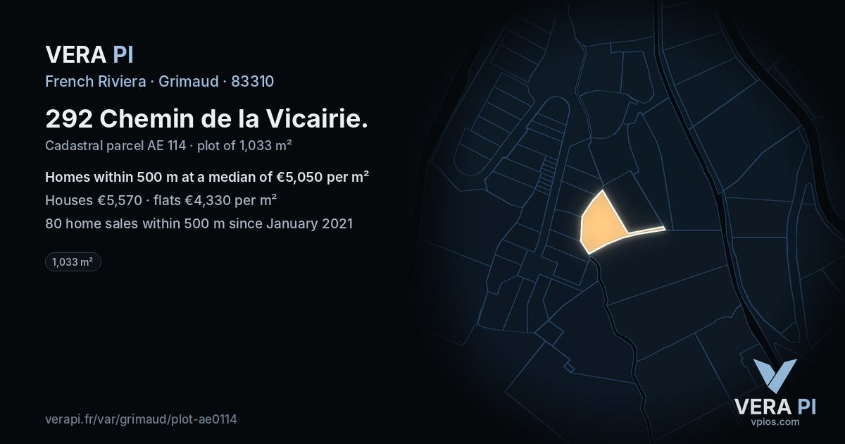 292 Chemin de la Vicairie, Grimaud at night – the plot lit, the parcels around coloured by the prices near them