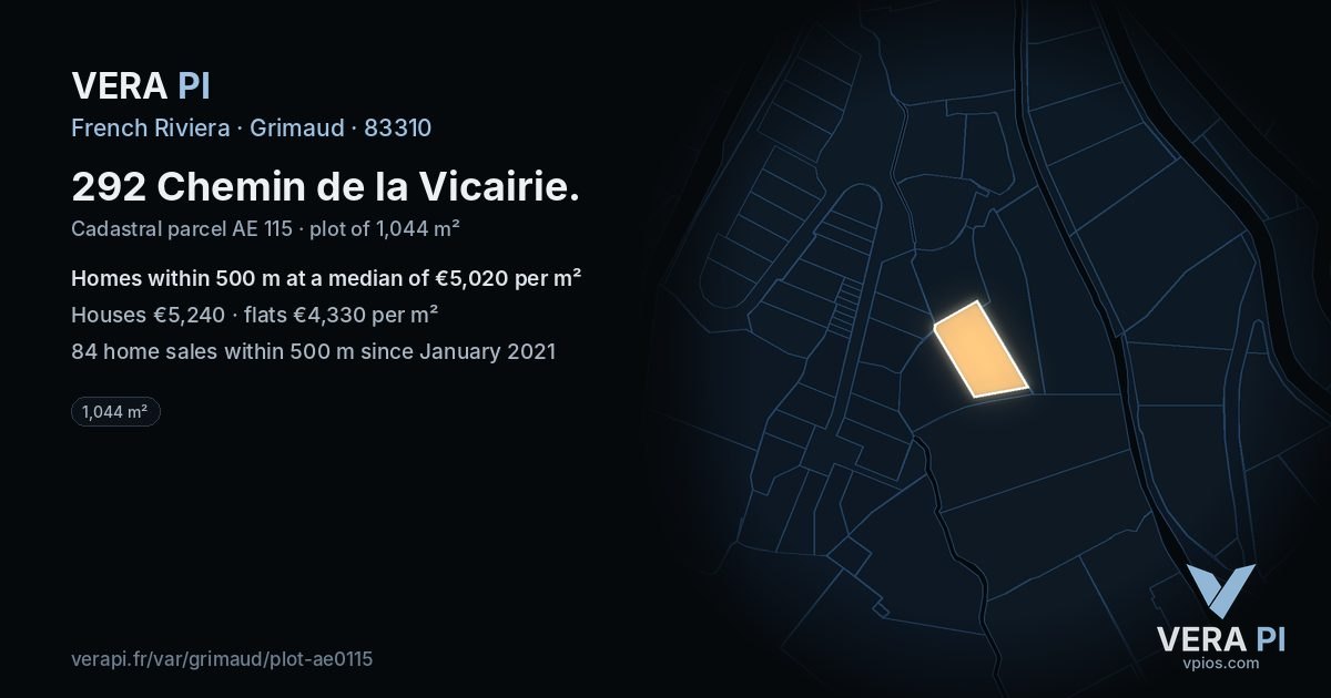 292 Chemin de la Vicairie, Grimaud at night – the plot lit, the parcels around coloured by the prices near them