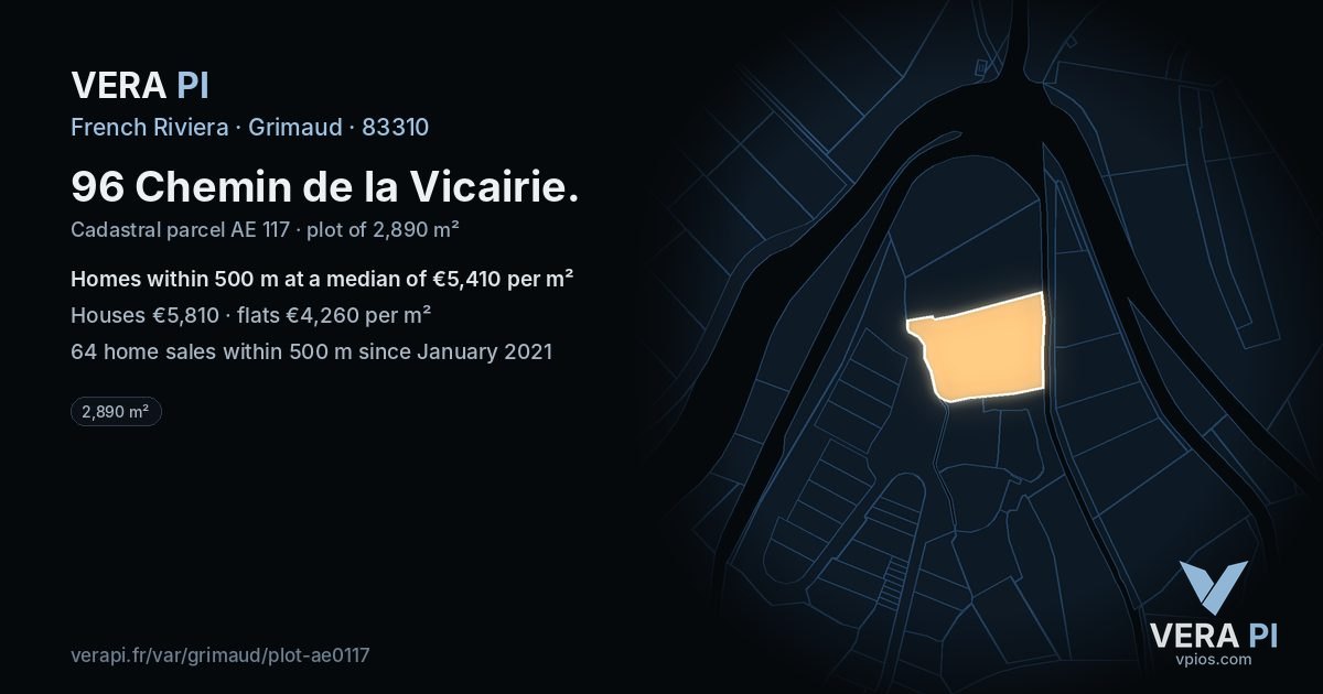 96 Chemin de la Vicairie, Grimaud at night – the plot lit, the parcels around coloured by the prices near them
