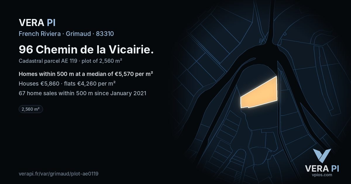 96 Chemin de la Vicairie, Grimaud at night – the plot lit, the parcels around coloured by the prices near them