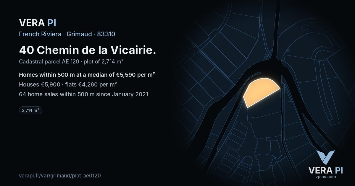 40 Chemin de la Vicairie, Grimaud at night – the plot lit, the parcels around coloured by the prices near them
