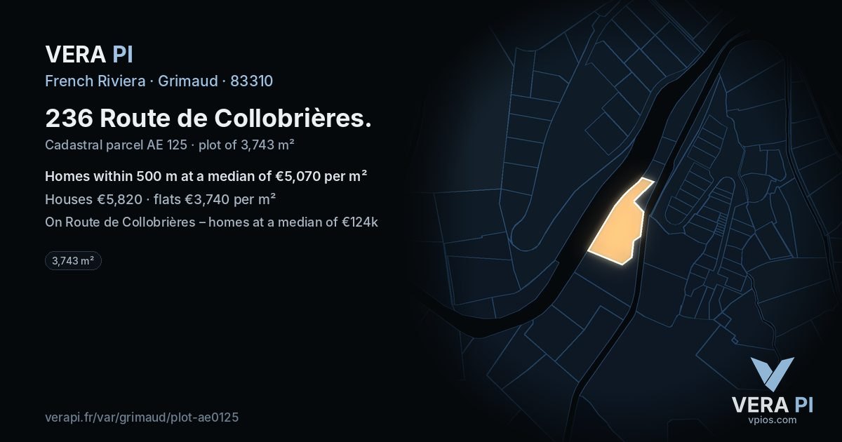 236 Route de Collobrières, Grimaud at night – the plot lit, the parcels around coloured by the prices near them