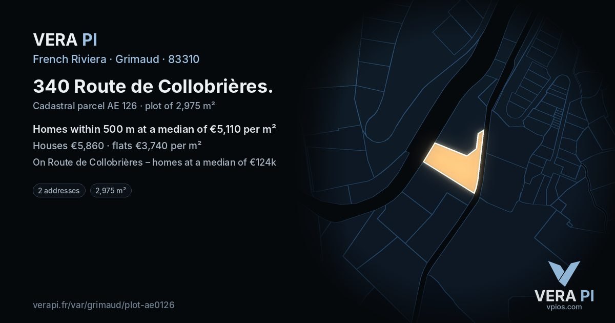 340 Route de Collobrières, Grimaud at night – the plot lit, the parcels around coloured by the prices near them