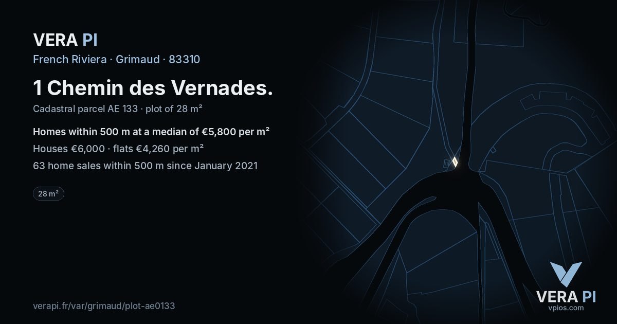 1 Chemin des Vernades, Grimaud at night – the plot lit, the parcels around coloured by the prices near them
