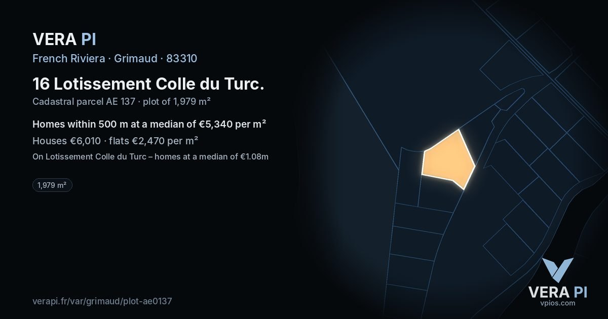 16 Lotissement Colle du Turc, Grimaud at night – the plot lit, the parcels around coloured by the prices near them