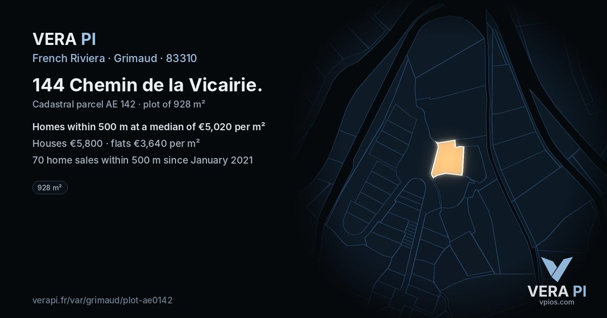144 Chemin de la Vicairie, Grimaud at night – the plot lit, the parcels around coloured by the prices near them