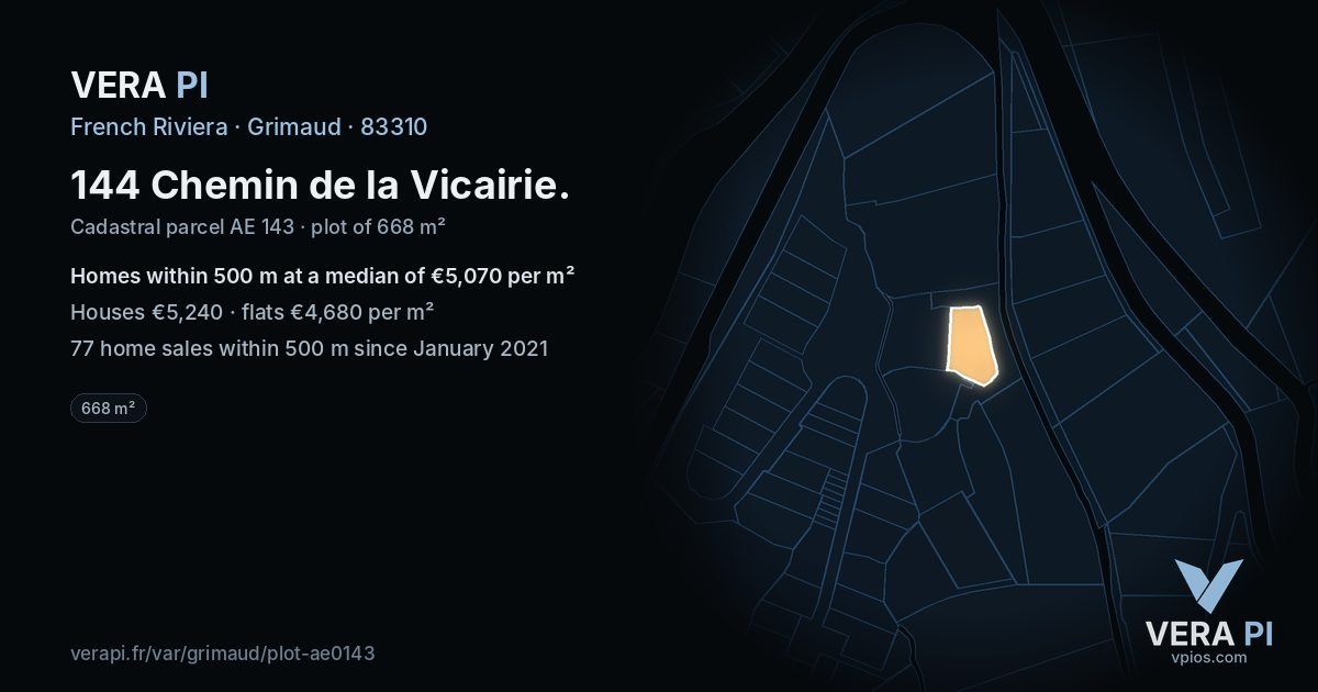 144 Chemin de la Vicairie, Grimaud at night – the plot lit, the parcels around coloured by the prices near them