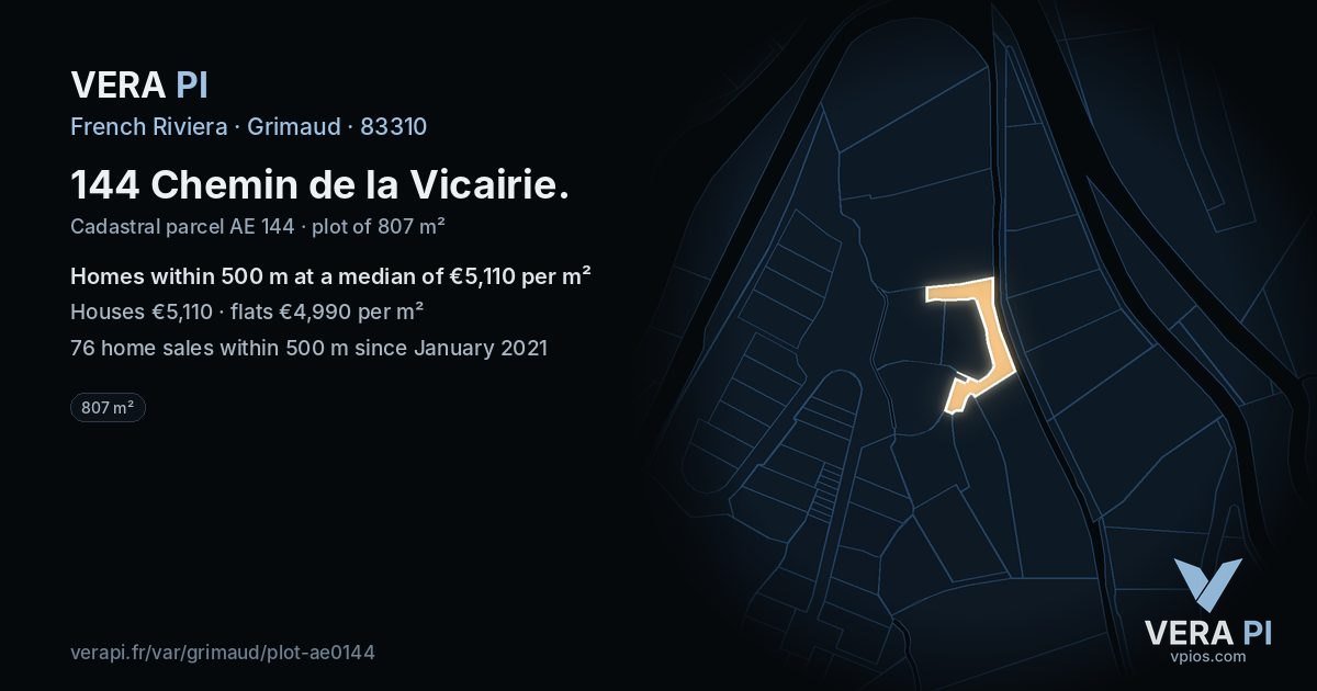 144 Chemin de la Vicairie, Grimaud at night – the plot lit, the parcels around coloured by the prices near them