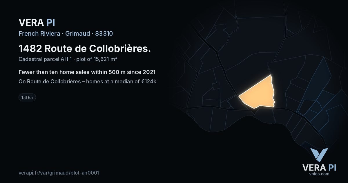 1482 Route de Collobrières, Grimaud at night – the plot lit, the parcels around coloured by the prices near them