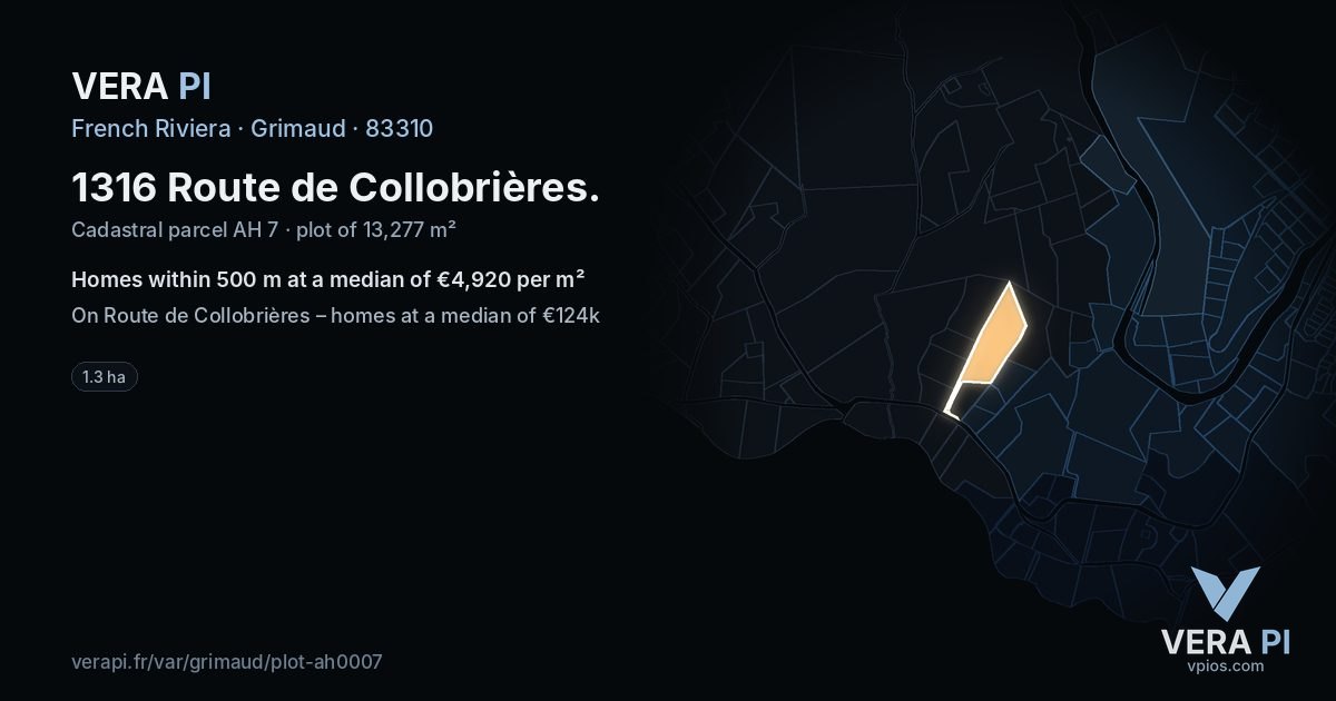 1316 Route de Collobrières, Grimaud at night – the plot lit, the parcels around coloured by the prices near them