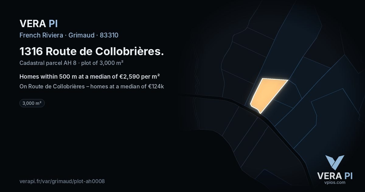 1316 Route de Collobrières, Grimaud at night – the plot lit, the parcels around coloured by the prices near them