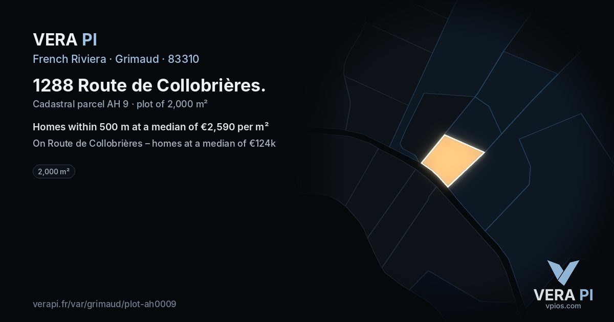 1288 Route de Collobrières, Grimaud at night – the plot lit, the parcels around coloured by the prices near them