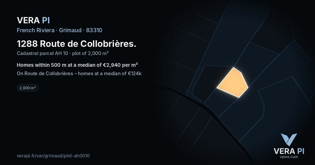 1288 Route de Collobrières, Grimaud at night – the plot lit, the parcels around coloured by the prices near them