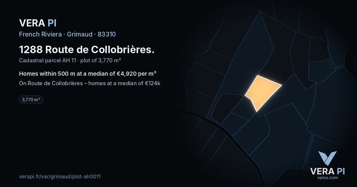 1288 Route de Collobrières, Grimaud at night – the plot lit, the parcels around coloured by the prices near them