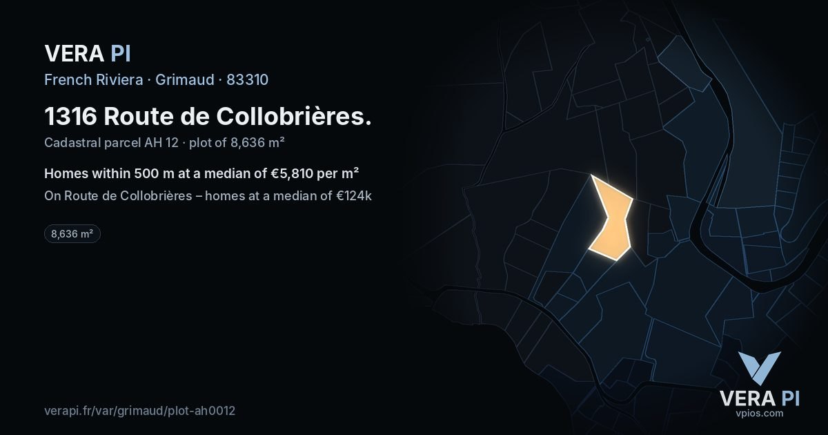 1316 Route de Collobrières, Grimaud at night – the plot lit, the parcels around coloured by the prices near them