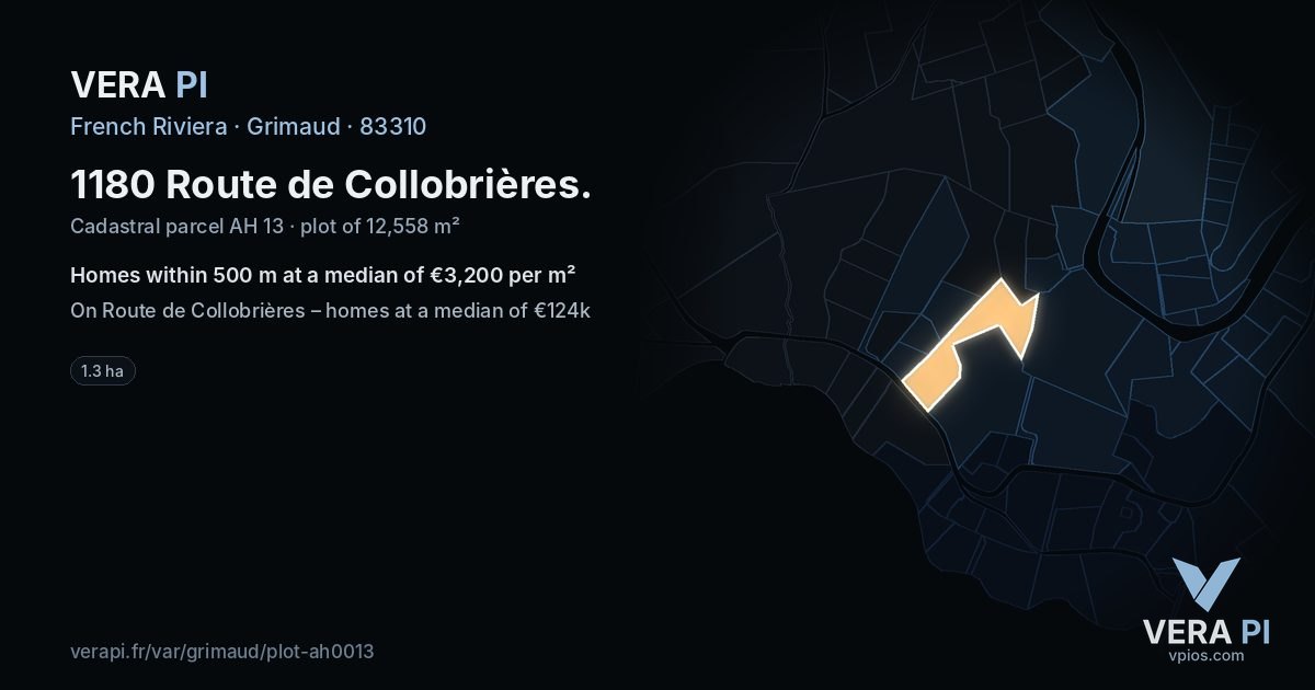 1180 Route de Collobrières, Grimaud at night – the plot lit, the parcels around coloured by the prices near them